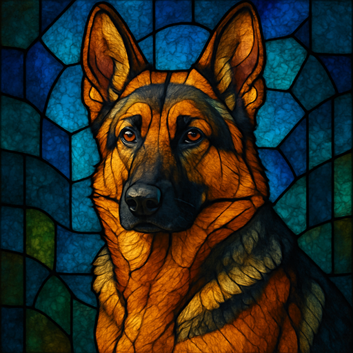 A dog portrait rendered in a Stained Glass style