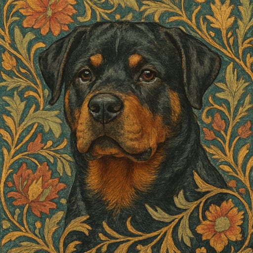 A dog portrait rendered in a Arts & Crafts style
