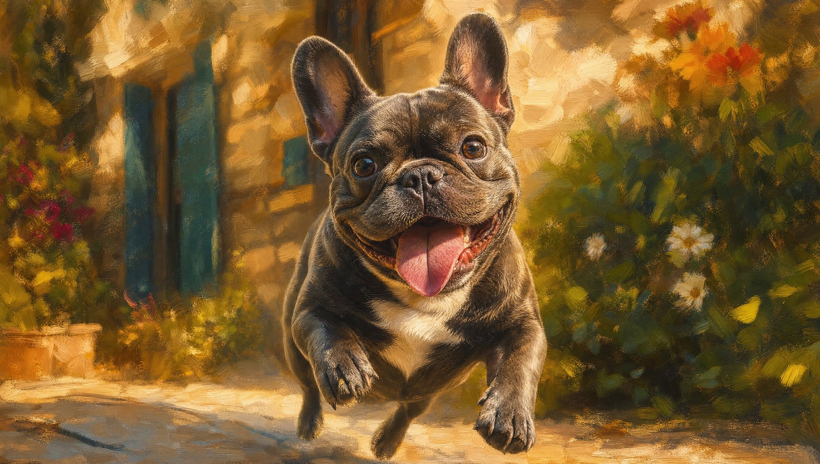 A playful dog rendered as a vivid fine-art portrait