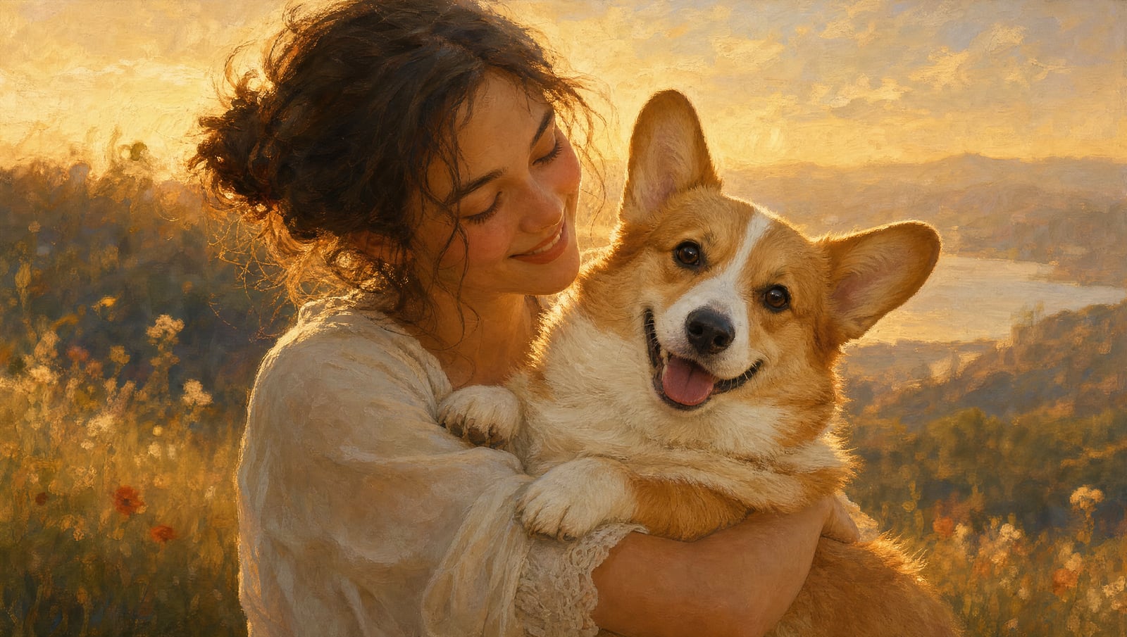 An owner and their dog rendered as a grand fine-art portrait