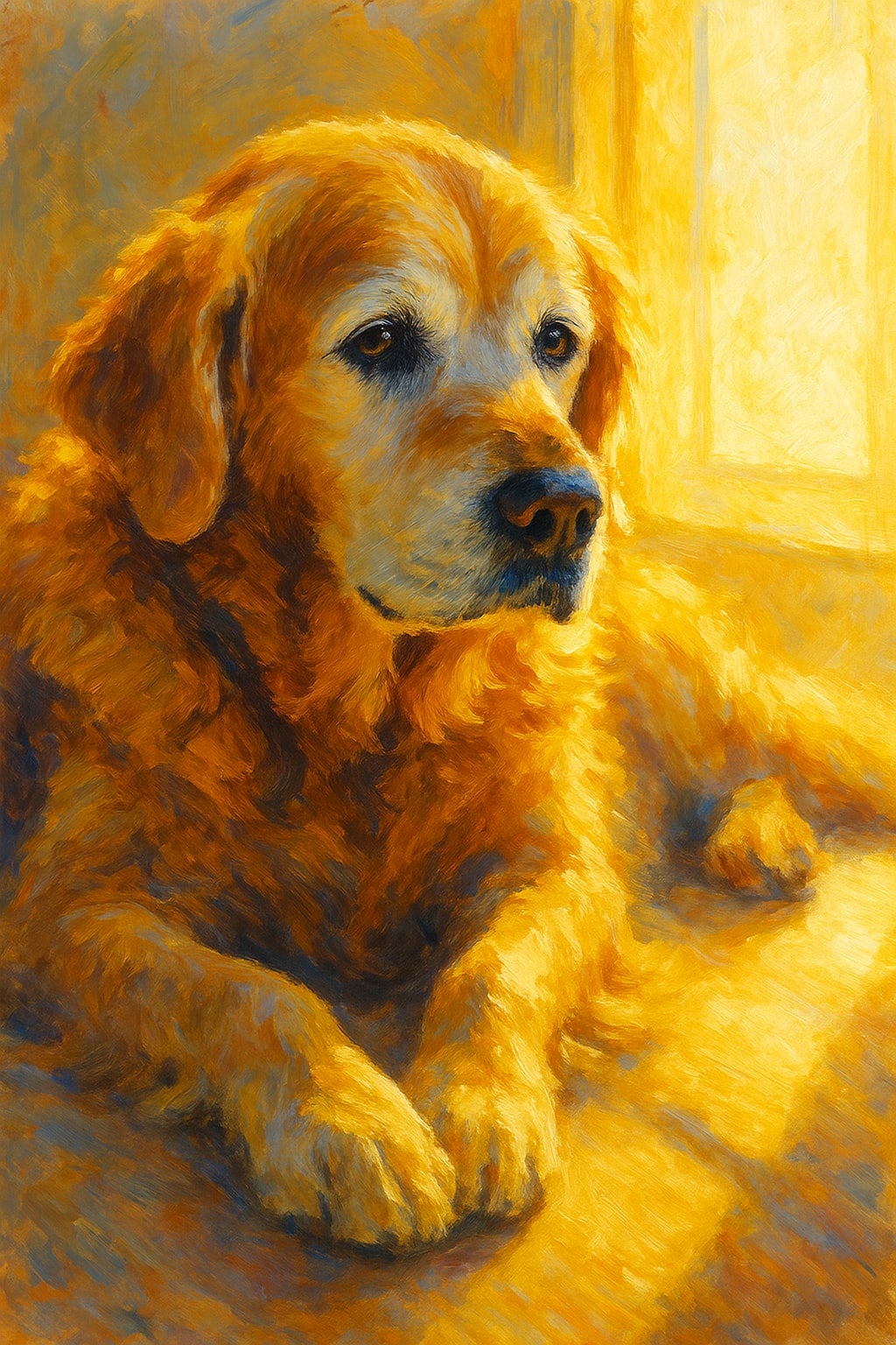 A grey-muzzled senior golden retriever resting in bright sunlight from a window