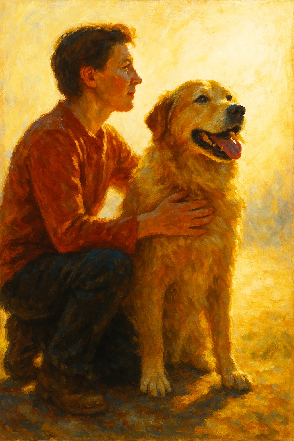 A person kneeling with their arm around a large happy dog, painted as a grand portrait