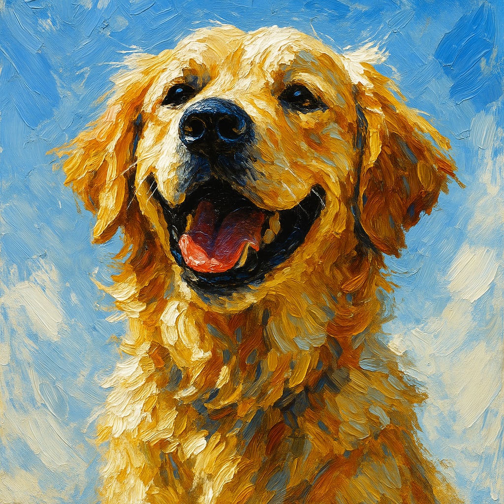 A golden retriever painted in bold expressive oil impasto