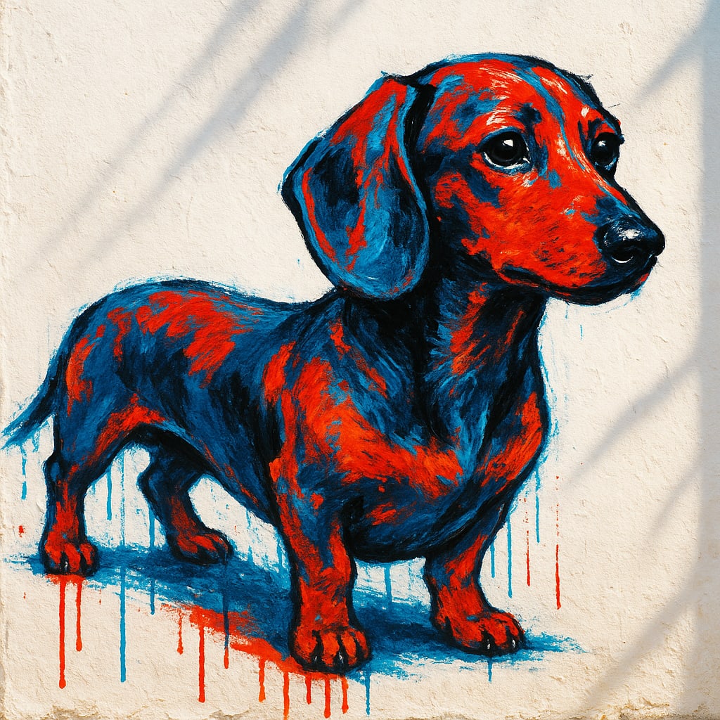 A dachshund painted as a bold street-art stencil mural